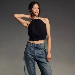 Pilcro Cropped Linen Halter Top Anthropologie Black Sleeveless XL